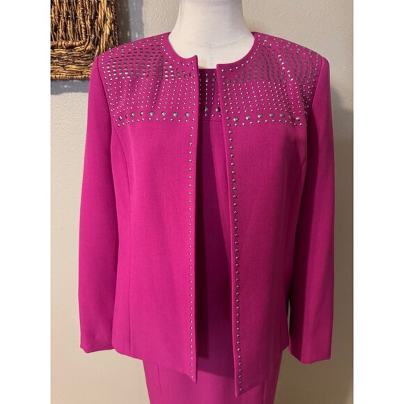 Kasper Dress & Jacket Blazer Suit Berry Pink 12 Silver Studded Neckline Stretch - Picture 7 of 15